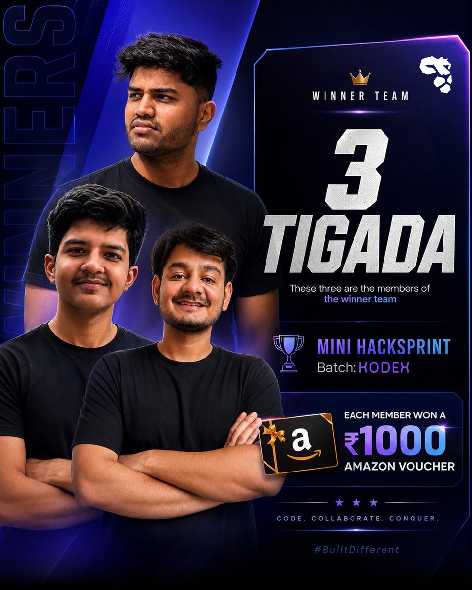 sheryians_'s tweet photo. Three minds, one team, one win. 🏆
Congrats to Team "3 Tigada" on taking the Mini Hacksprint! 🚀
#sheryianscodingschool #kodex #hackathon https://t.co/KuvmvyshqG