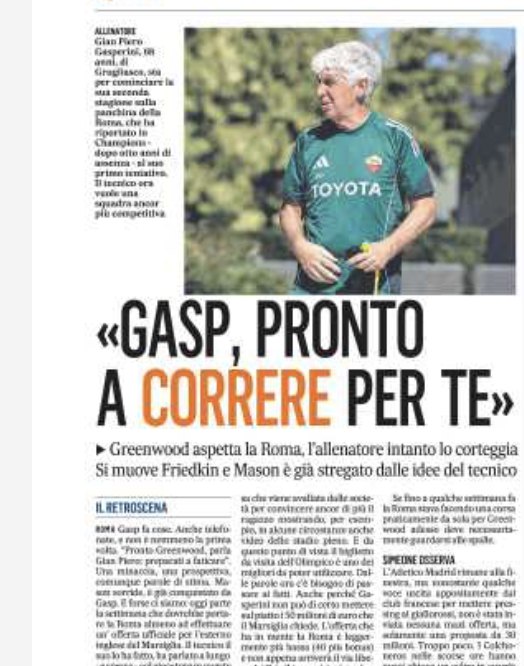 Guillaumemp's tweet photo. Il Messaggero : Gian Piero Gasperini a contacté Mason #Greenwood à plusieurs reprises, l'attaquant est totalement convaincu par le projet de la Roma. Dans l'un des appels, le technicien lui a même demandé : "es-tu prêt à courir ?". "Oui je suis prêt, je viens aussi pour marquer beaucoup de buts", a répondu l'attaquant en italien. Une offre concrète devrait être formulée à l'#OM cette semaine, probablement autour des 40M+bonus. L'Atlético n'a proposé que 30M, et Fenerbahçe n'a toujours pas satisfait les demandes marseillaises après avoir proposé un salaire de 7M au joueur.