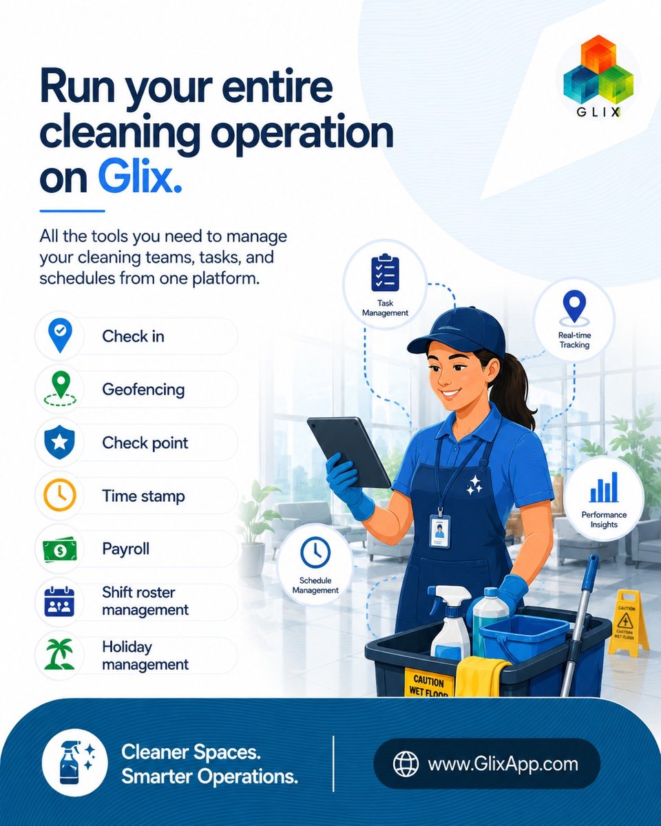 GlixApp's tweet photo. Cleaning businesses grow when operations are repeatable, measurable, and accountable.
As teams, sites, and clients increase, spreadsheets and WhatsApp groups stop working.
Glix is the infrastructure that powers modern cleaning operations.
Coordinate teams. https://t.co/YNqzsSYtRU