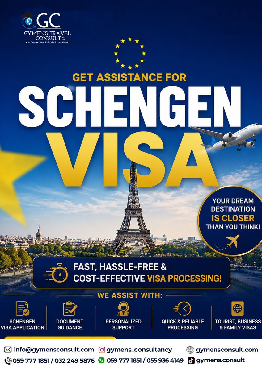 GymensConsult's tweet photo. ✈️ Your European journey starts here!
Let Gymens Travel Consult guide you through a smooth and stress-free Schengen visa application process. From document preparation to personalized support, we're with you every step of the way.
📞 Contact us today !! https://t.co/zq6OBHnZwz
