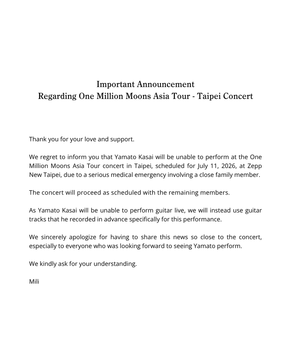 ProjectMili's tweet photo. One Million Moons Asia Tour - TAIPEI

Important Announcement https://t.co/I7l0dzdkgT