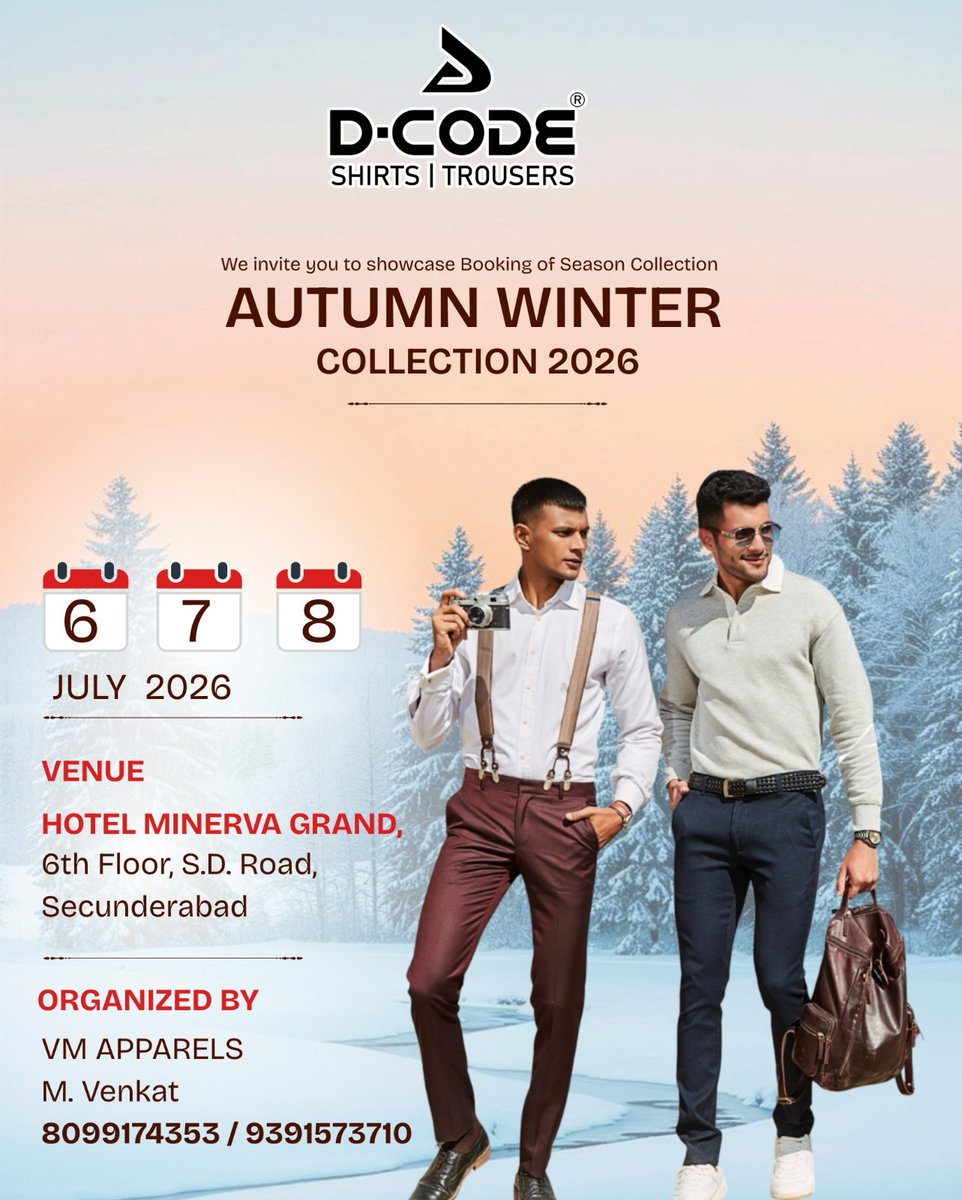 DcodemenTrouser's tweet photo. 🍂 Step into the season with D-CODE Shirts | Trousers! Explore our Autumn Winter Collection 2026 featuring premium styles designed for the modern gentleman.
Join us on 6th–8th July 2026 .

We look forward to welcoming you!
#DCode #DCodeFashion #AutumnWinter2026 #MensFashion https://t.co/YsfswmJwFZ