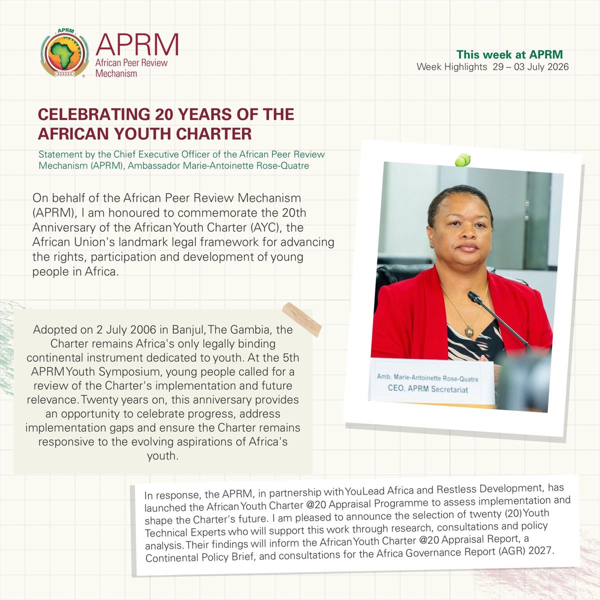 AmanyaStuartJr's tweet photo. .@APRMorg, in partnership with @OneYoungAfrica and @RestlessDev, has launched the African Youth Charter @20 Appraisal to assess implementation and shape the Charter's future.

This follows the announcement of the selection of 20 Youth Technical Experts who will support this work through research, consultations and policy analysis. 

Their findings will inform the African Youth Charter @20 Appraisal Report, a Continental Policy Brief, and consultations for the Africa Governance Report (AGR) 2027.