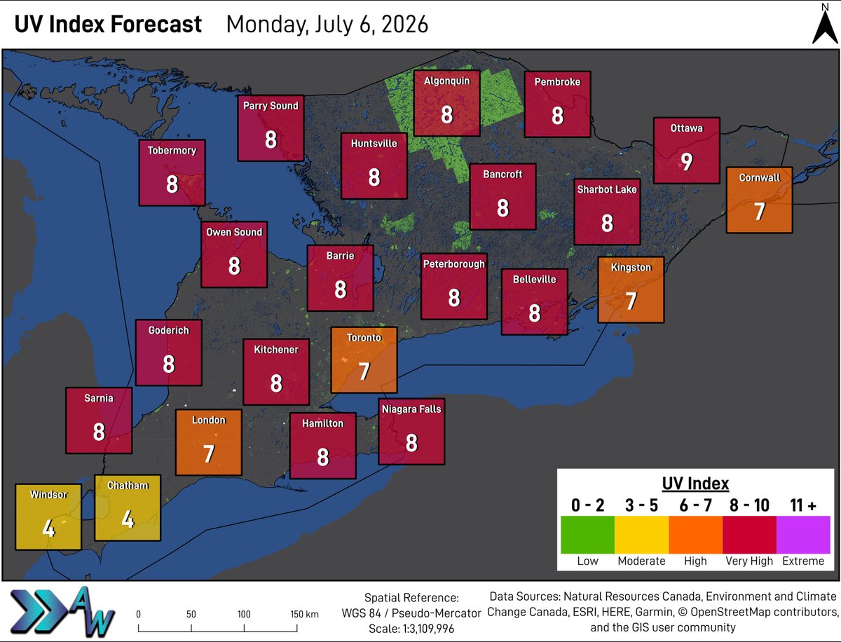 AdvanceWeather's tweet photo. **Very High UV Index Monday**

Many areas are forecasted to see UV Index in the Very High category on Monday. The highest UV Index will be in Ottawa, forecasted to be at 9. https://t.co/Zhvx7BJhIu