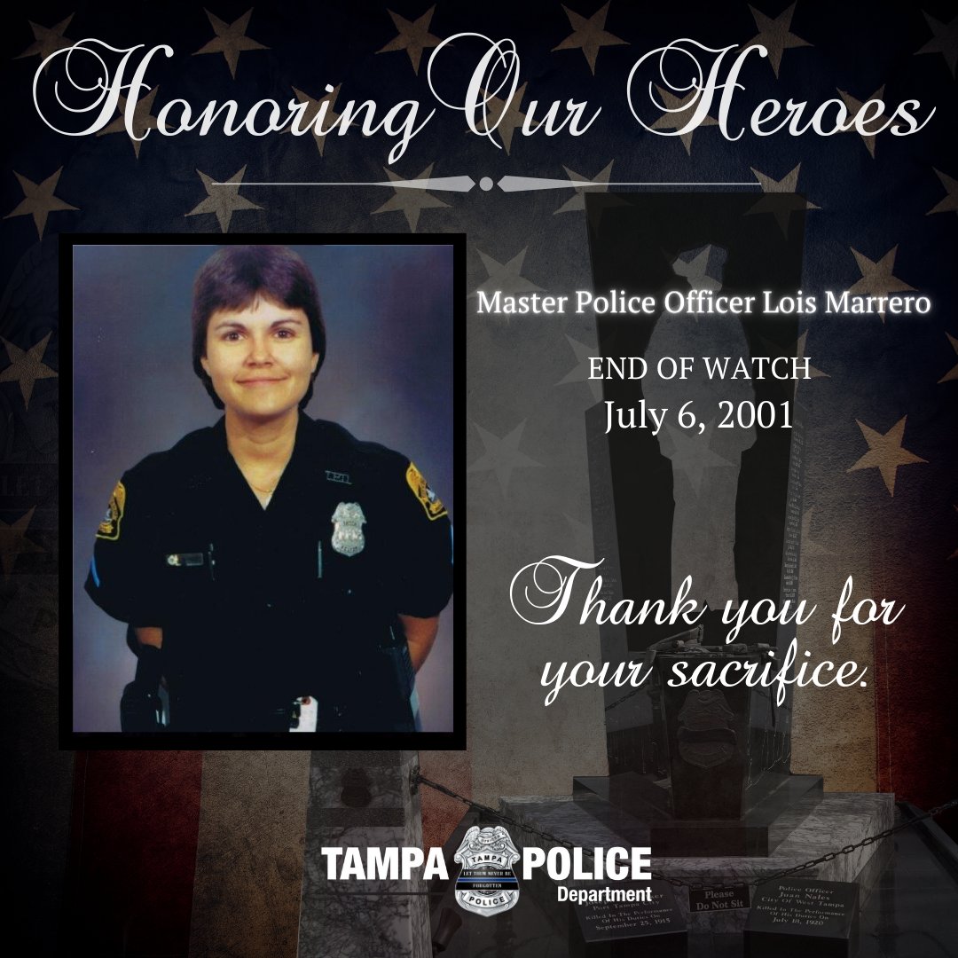 TampaPD's tweet photo. On this day, 19-year department veteran, Master Police Officer Lois Marrero was checking an apartment complex for a bank robbery suspect when he opened fire. Officer Marrero was struck and consequently died as a result of her injuries. She was the first female police officer killed in the line of duty in the department's history.

Officer Marrero, your service will never be forgotten. We honor you today and always.

#HonoringOurHeroes #NeverForgotten