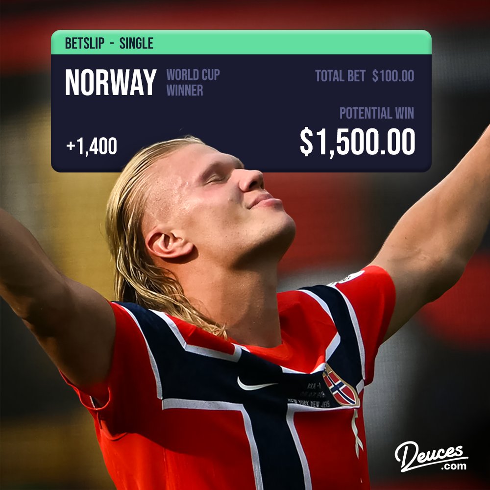 Deuces's tweet photo. One of our players just backed Norway to win the World Cup. A $100 bet could return over $1,500 if Norway lifts the trophy 🇳🇴🏆 https://t.co/6nZ3RNn2HE