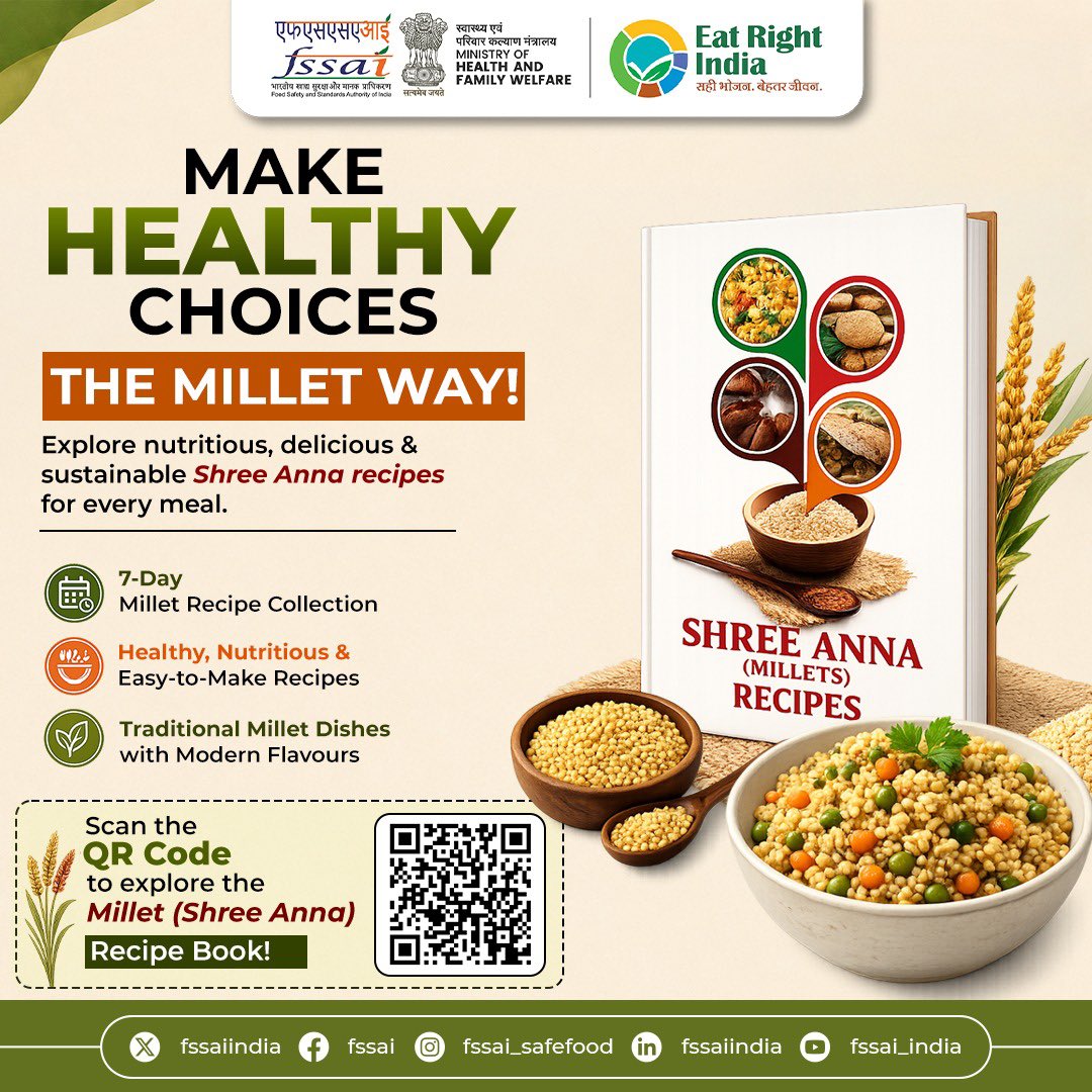 fssaiindia's tweet photo. Discover the goodness of millets with the Shree Anna Recipe Book!
Packed with nutritious, easy to make, and sustainable recipes, this book brings you wholesome breakfasts and delicious everyday meals.
#EatRightIndia #MilletRecipes #FSSAIResources #FSSAIBooks https://t.co/KOIslmuiv2