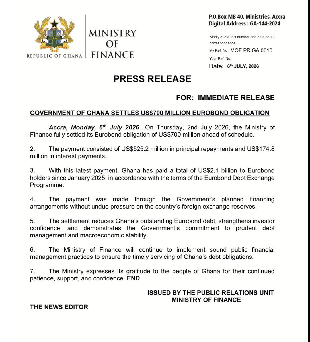 VanguardZone's tweet photo. GOVERNMENT OF GHANA SETTLES US$700 MILLION EUROBOND OBLIGATION! https://t.co/akakTzIfQh