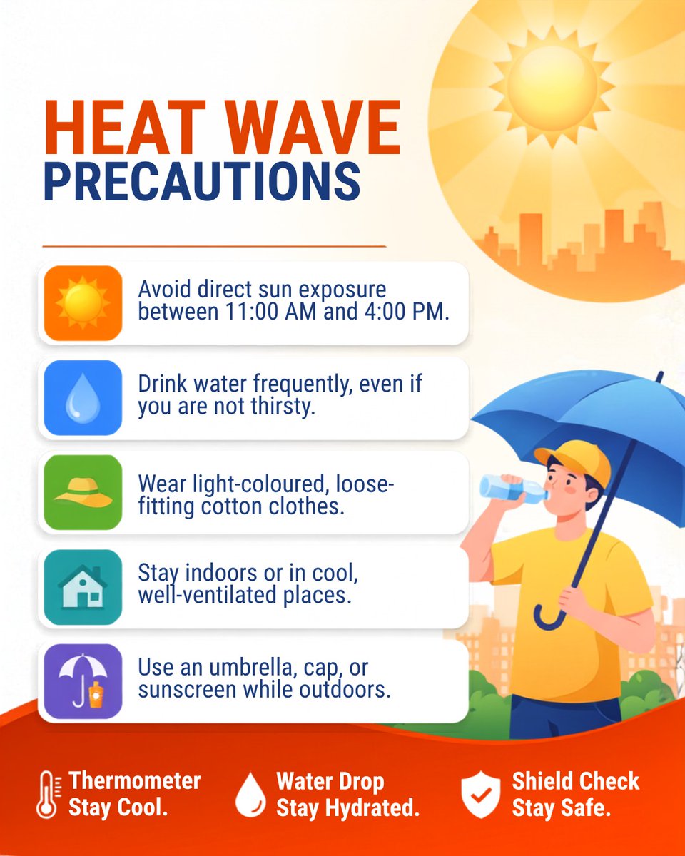 TheAshokSinghal's tweet photo. Beat the Heat Before It Beats You. ☀️

Know the precautions, stay hydrated, avoid peak sun hours, and protect yourself from the dangers of a heat wave. https://t.co/qiMsMWIrn8