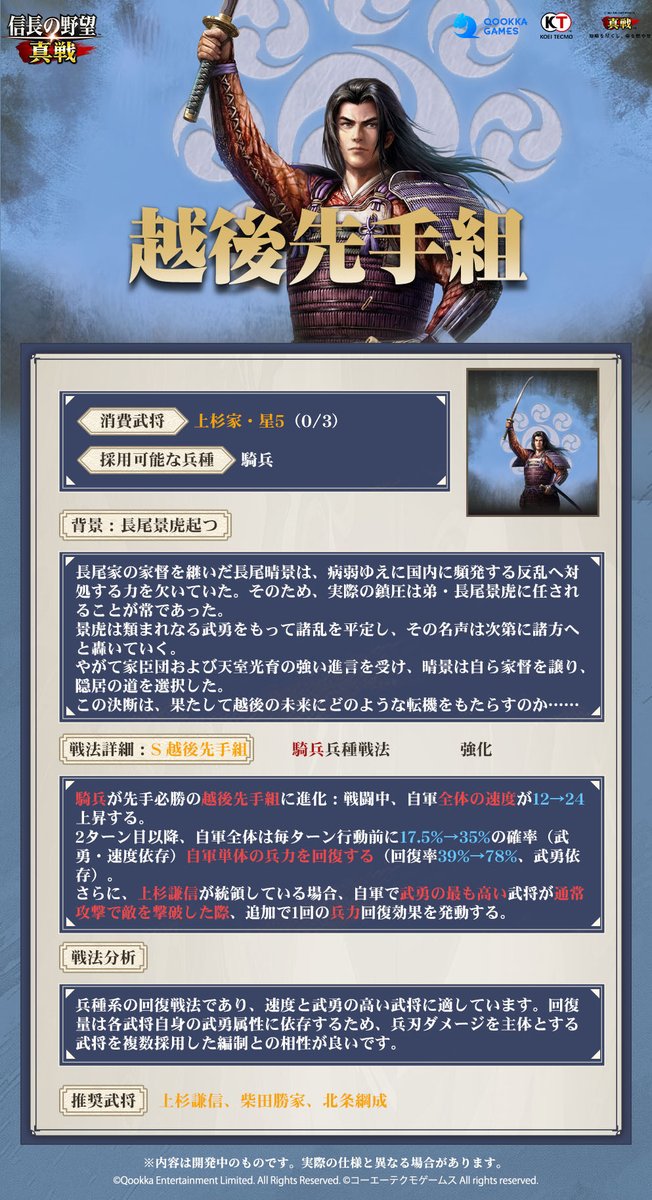nobunagashinsen's tweet photo. /
PKシーズン #四雄怒涛
「事件戦法」紹介（上編）
\
PKシーズン「四雄怒涛」がまもなく開幕
新登場の事件戦法が、戦場での活躍をさらに支えます

今回は、事件戦法「越後先手組」と「奇策制勝」をご紹介！

🔹「越後先手組」は、武勇が高い武将ほど回復量が増え、兵刃型編制との相性が良い騎兵兵種戦法です
🔹「奇策制勝」は、計略系能動武将向けの、受動型与ダメージ強化戦法です

▼高画質の画像はこちら
https://t.co/5VmRc8lCkx

#信長の野望真戦