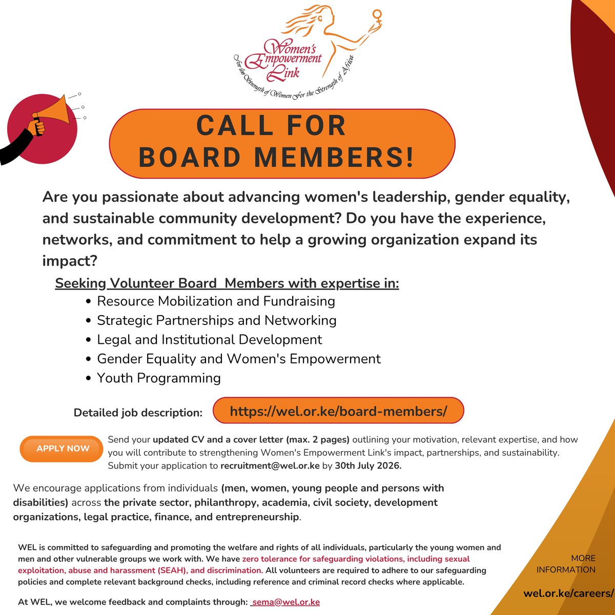 WELKe2030's tweet photo. Full Job details :https://t.co/i4nt4bN2NK
#callforapplications #BoardMembersWanted #womenleadership #genderequality #InclusiveLeadership #IkoKaziKE https://t.co/dF6hwL6fhf