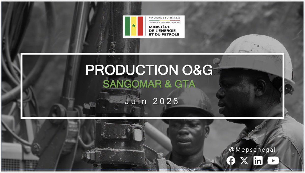 Mepsenegal's tweet photo. 🚨
 #Transparence | #Rapport_de_Production O&amp;G – Juin 2026
#Sangomar : 3 cargaisons de pétrole brut exportées, soit 2,94 M de barils.

#GTA : 3 cargaisons de GNL exportées, soit 0,49 million m³. 

Le Sénégal poursuit la valorisation transparente de ses ressources. 

#ITIE #MEP https://t.co/Q1U9qrff95