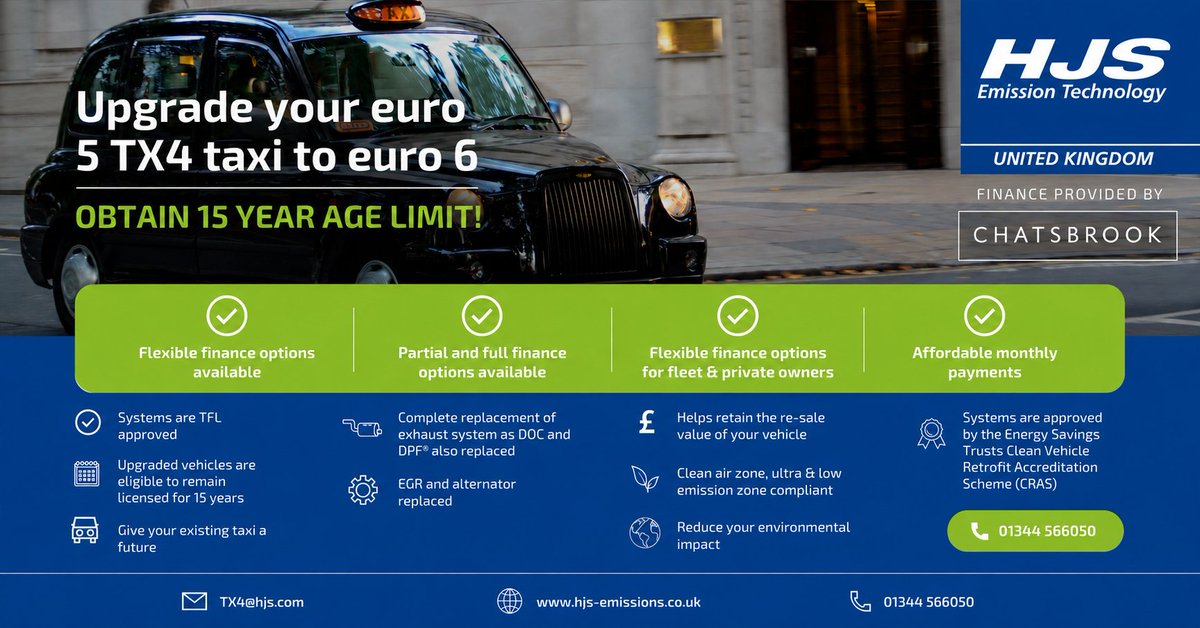 HJSUKEmissions's tweet photo. A greener cab without the price tag of a new one? Sounds like a fare deal!!ππ· Flexible finance, affordable monthly payments, and a Euro 6 upgrade that keeps your TX4 on the road. #Taxi #tx4 #euro6 https://t.co/0xKf0Vcyy1