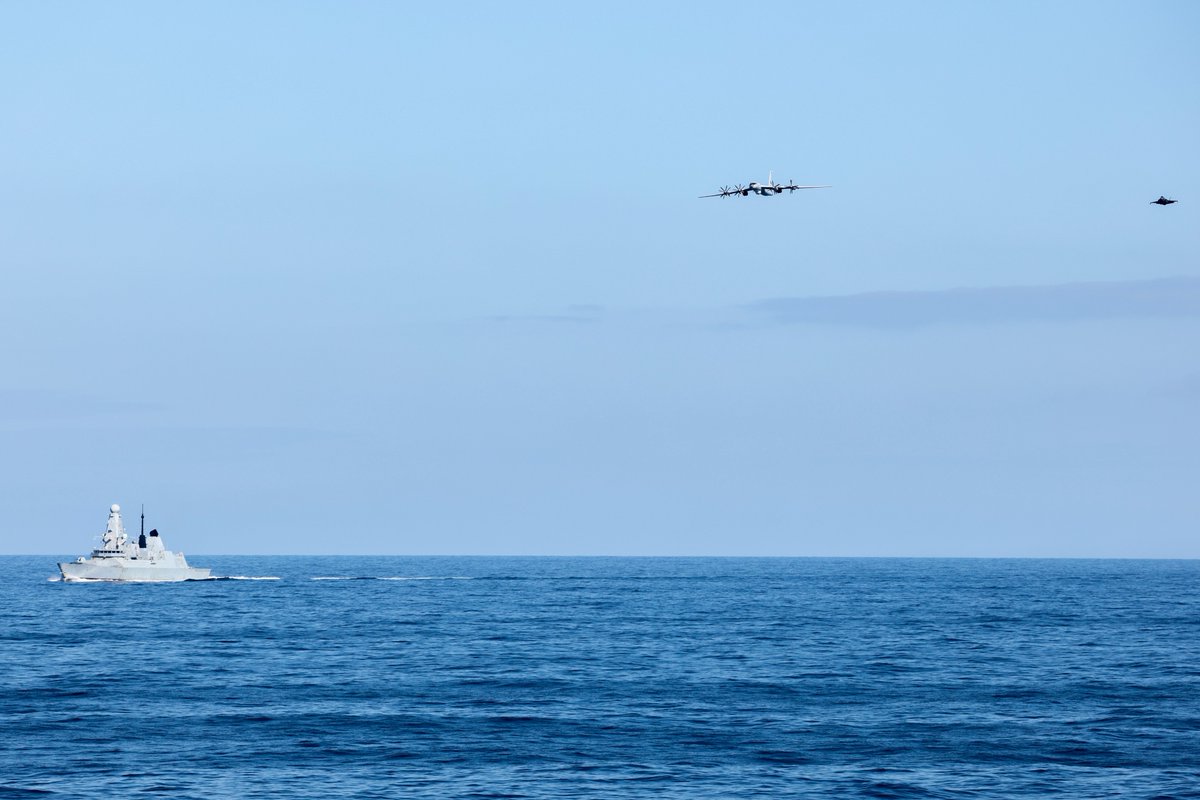 DefenceHQ's tweet photo. While operating in the Norwegian Sea on Operation FIRECREST, the UK's Carrier Strike Group was approached repeatedly by a Russian 'Bear-F' maritime patrol aircraft.

The aircraft flew unnecessarily close to HMS Prince of Wales, dropped multiple sonobuoys nearby, and failed to respond on international safety frequencies.

This activity was unsafe and unprofessional.

Two UK F-35s from HMS Prince of Wales intercepted and escorted the aircraft until it left the area.

The Carrier Strike Group continues to operate with @NATO allies in the High North, reinforcing security across the Arctic and North Atlantic.