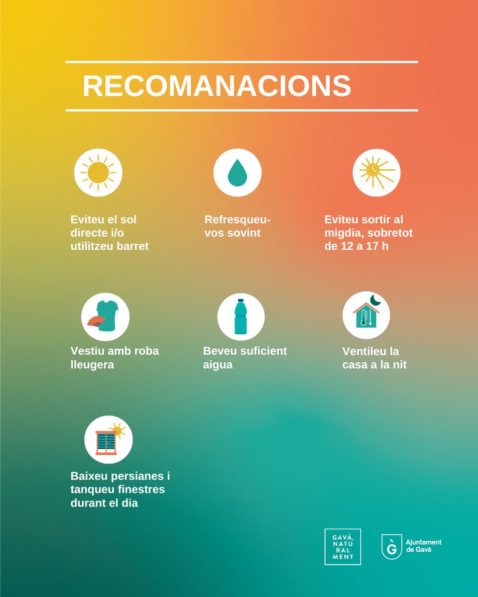 AjuntamentGava's tweet photo. 🌡️ Onada de calor
Davant les altes temperatures, us recordem algunes recomanacions:
💧 Manteniu-vos ben hidratats i seguiu els consells per protegir-vos de la calor. https://t.co/Fd2Rsuwcef