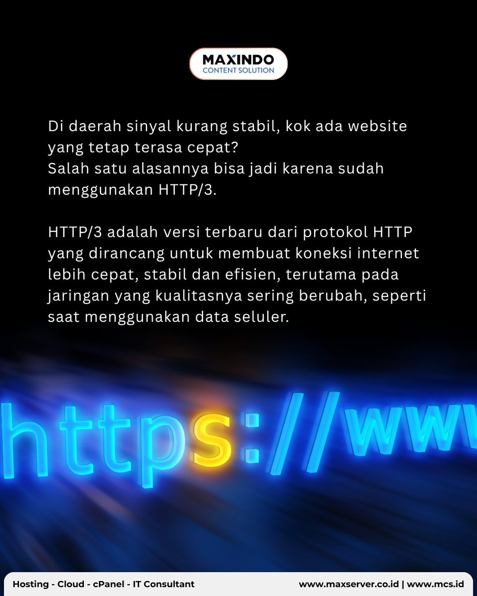 maxindosolution's tweet photo. Sinyal naik turun, tapi website tetap lancar?
Salah satu teknologi di baliknya adalah HTTP/3. Dengan protokol baru berbasis QUIC, website dapat merespons lebih cepat dan lebih tangguh menghadapi gangguan jaringan. https://t.co/LdFXN5dTJ2