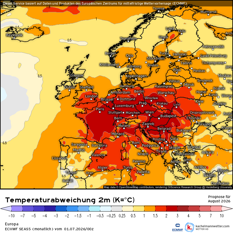 Kachelmann's tweet photo. Die neuen Monatsvorhersagen des @ECMWF sehen ziemlich katastrophal aus, auch für den August - wie schon im Juni geschrieben (und der griechische Großmeteorologe und ruhmreiche Europaabgeordnete @S_Arnaoutoglou hat das auch früh so gesehen), scheint es kaum Hoffnung zu geben - es wird ein Scheißsommer für weite Teile Mitteleuropas.

#Hitze #Duerre