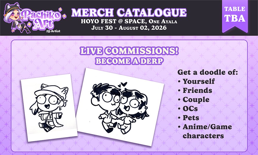 pachiko_art's tweet photo. HOYOFEST MERCH CATALOGUE

✨PRE-ORDERS OPEN + GIVEAWAY✨

✉️ Attendees only! For pick up
📍 SPACE, One Ayala
🗓️ July 30 - August 2
🔍 HSR stickers, acrylic standees, prints, live portraits

Reposts appreciated!! 🥺
Form link and giveaway rules in replies⬇️