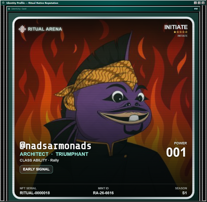 nadsarmonads's tweet photo. just forged my identity card on ritual arena

power 1
grade initiate
rank initiate
score 1

Big props to @sharxlr and @agataaxz
for the effort here.

enter the arena
https://t.co/28UwOeP10F
https://t.co/y6RicpnSyq https://t.co/JXumj4TaAc