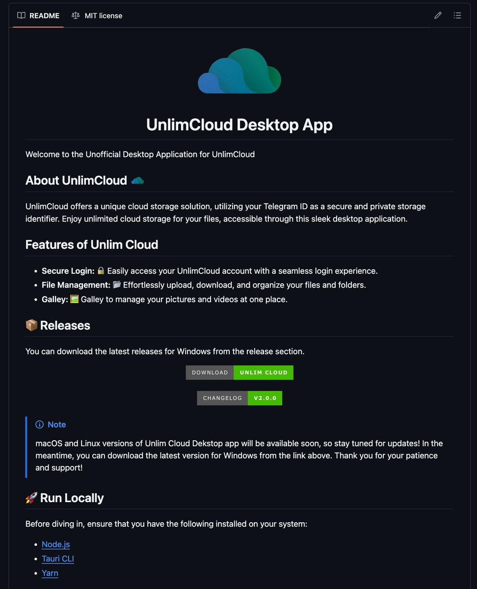 bigaiguy's tweet photo. SOMEONE BUILT A GITHUB REPO THAT TURNS TELEGRAM INTO UNLIMITED CLOUD STORAGE.

100% free.

It is called UnlimCloud.

Self-hosted-ish desktop app. Open source. Uses Telegram as the storage layer.

You log in with your Telegram ID.

Upload files.
Download files.
Organize folders.
Manage pictures and videos in a gallery.

That is it.

No Google Drive upgrade screen.
No Dropbox “you are out of space.”
No iCloud begging for $2.99/month.
No random startup holding your files hostage.

Your Telegram.
Your files.
Your storage.

Here is the full feature set:

↳ Uses Telegram as the backend storage layer
↳ Secure login with your Telegram account
↳ Upload, download, and organize files
↳ Folder-based file management
↳ Gallery for photos and videos
↳ Clean desktop app interface
↳ Built with Tauri
↳ Windows release available
↳ macOS and Linux coming soon
↳ MIT licensed
↳ Open source

885 GitHub stars.

125 forks already.

Here is why this matters:

For years, cloud storage companies trained everyone to rent space for their own files forever.

Photos? Pay.
Backups? Pay.
Large folders? Pay.
Team storage? Pay more.

UnlimCloud is the opposite idea.

Take an app people already use every day.

Telegram.

And turn it into a private cloud drive with a clean file manager on top.

No storage subscription.
No SaaS dashboard.
No “pro” plan.

Just a weird, useful, open-source hack that feels like it should not work this well.

Built in HTML + Rust.

MIT License.

100% Open Source.