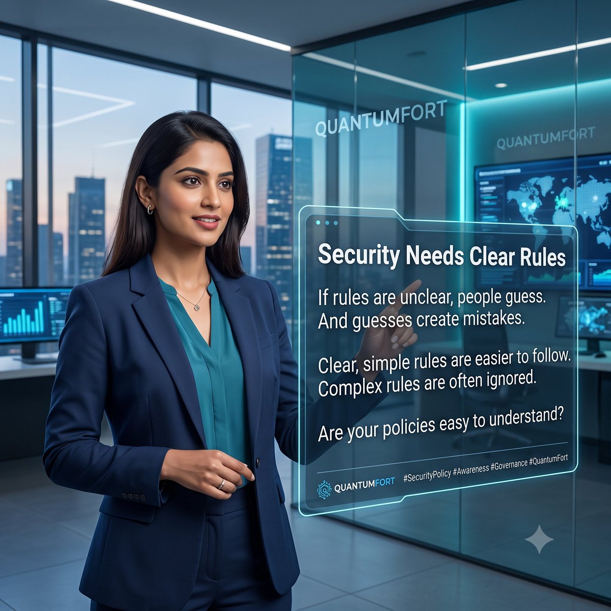 Quantum_fort's tweet photo. Security Needs Clear Rules
If rules are unclear, people guess.
And guesses create mistakes.
Clear, simple rules are easier to follow.
Complex rules are often ignored.
Are your policies easy to understand?
#SecurityPolicy #Awareness #Governance #QuantumFort https://t.co/Wm5PvahNCw