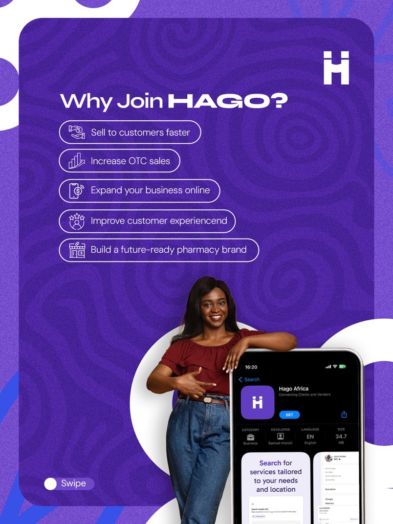 Hhago_'s tweet photo. Your pharmacy already serves your community. Now it’s time to serve them wherever they are. 💜

With HAGO, you can bring your pharmacy online, make over-the-counter medications more accessible, and give your customers a faster, more convenient way to shop.

Create your digital storefront, reach more customers, and grow your business, all from one platform.

Ready to take the next step?

📲 Download the HAGO app or visit https://t.co/VypIoaCXda to get started.

#HagoAfrica #Pharmacy