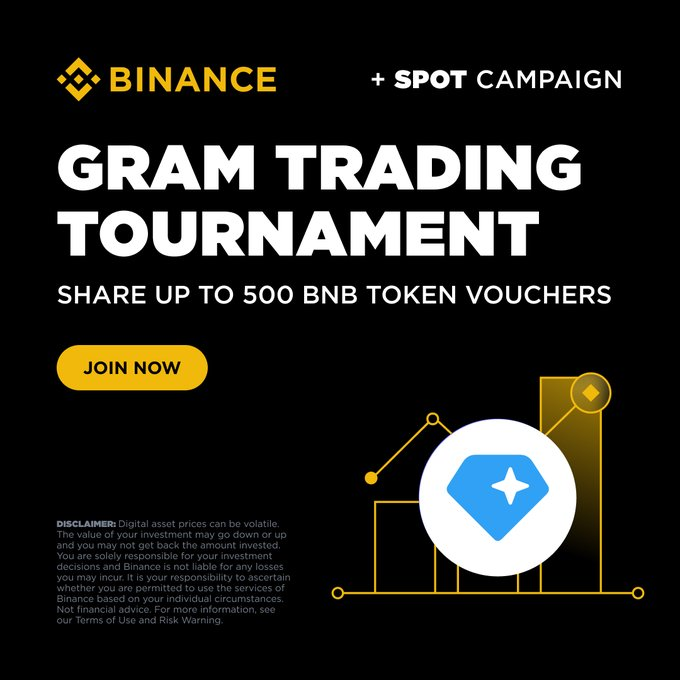 Joshual754's tweet photo. Introducing the GRAM Spot Trading Tournament. 

500 BNB is up for grabs, but that's not all... 

Be among the first to join and earn a special Sprint Reward for early participants. https://t.co/rL110BsZ2n