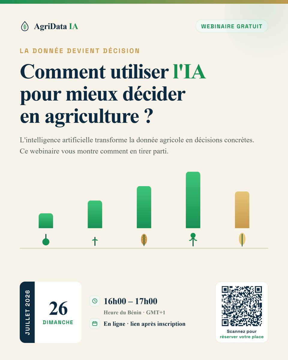 AgriData_IA's tweet photo. 🌾Comment utiliser l’IA pour mieux décider en agriculture ?

Webinaire gratuit dimanche 26 juillet, 16h-17h (GMT+1)

Au programme : usages réels, outils pratiques, solutions sans budget + échange en direct.

Places limitées. Inscription en 1 minute 👇
https://t.co/ewuCyfcRga
#IA https://t.co/JciKVWImn2