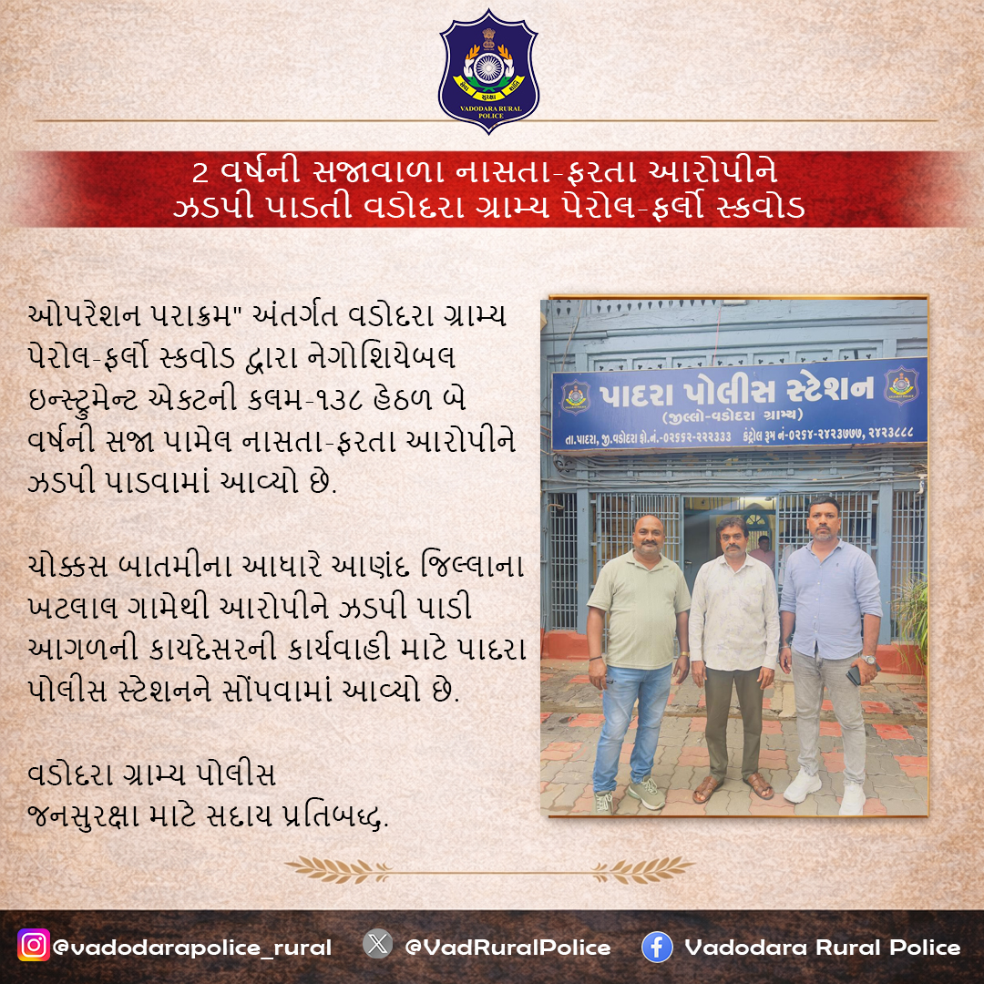 VadRuralPolice's tweet photo. ઓપરેશન પરાક્રમ અંતર્ગત વડોદરા ગ્રામ્ય પેરોલ-ફર્લો સ્કવોડ દ્વારા નેગોશિયેબલ ઇન્સ્ટ્રુમેન્ટ એક્ટ હેઠળ બે વર્ષની સજા પામેલ નાસતા-ફરતા આરોપીને ઝડપી પાડી કાયદેસરની કાર્યવાહી હાથ ધરવામાં આવી.

#OperationParakram #VadodaraRuralPolice #ParoleFurloughSquad #PoliceAction #LawEnforcement https://t.co/eTRwek9k9t