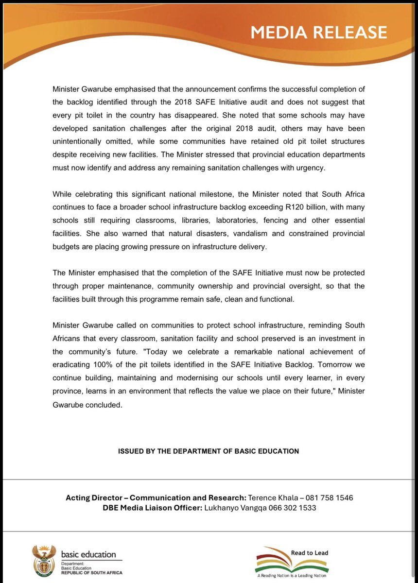 Siviwe_G's tweet photo. South Africa, We have done it!

The 2018 SAFE Initiative Backlog of Pit-Toilets has be 100% eradicated!

Official Statement Below 👇 https://t.co/w65D8H6LN3