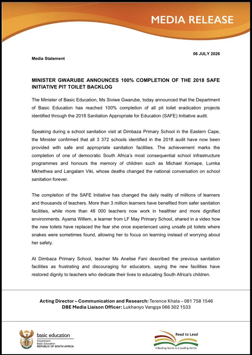 Siviwe_G's tweet photo. South Africa, We have done it!

The 2018 SAFE Initiative Backlog of Pit-Toilets has be 100% eradicated!

Official Statement Below 👇 https://t.co/w65D8H6LN3