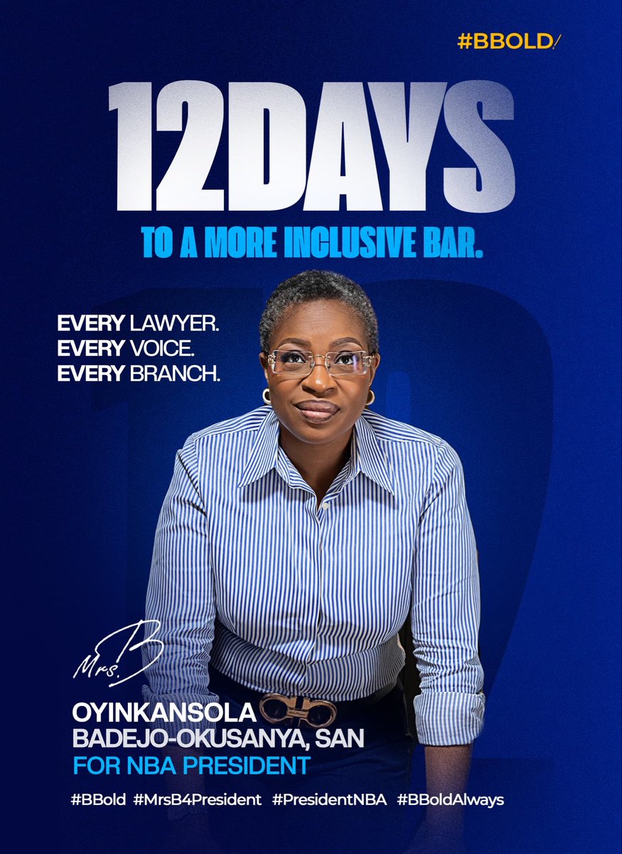 MrsBBold's tweet photo. 12 DAYS TO A MORE INCLUSIVE BAR.

I believe the Nigerian Bar Association is strongest when every lawyer matters, every voice is heard, and every Branch is valued. My vision is simple: an NBA that listens, responds, and creates opportunities for every member, regardless of age, gender, location, or area of practice.

Inclusion is about building systems that ensure no lawyer is left behind and every member has the opportunity to contribute, grow, and thrive. Together, we can build an Association that reflects the very values we defend every day, fairness, equity, respect, and justice.

On Saturday, 18 July 2026, Vote Mrs. Oyinkansola Badejo-Okusanya, SAN, FCIArb (UK), for President of the Nigerian Bar Association.

Together, let’s build A BOLDER BAR THAT WORKS FOR EVERYONE.

Oyinkansola Badejo Okusanya, SAN, FCIArb (UK) (Mrs B)
Partner, ALP NG & Co

#BBOLD