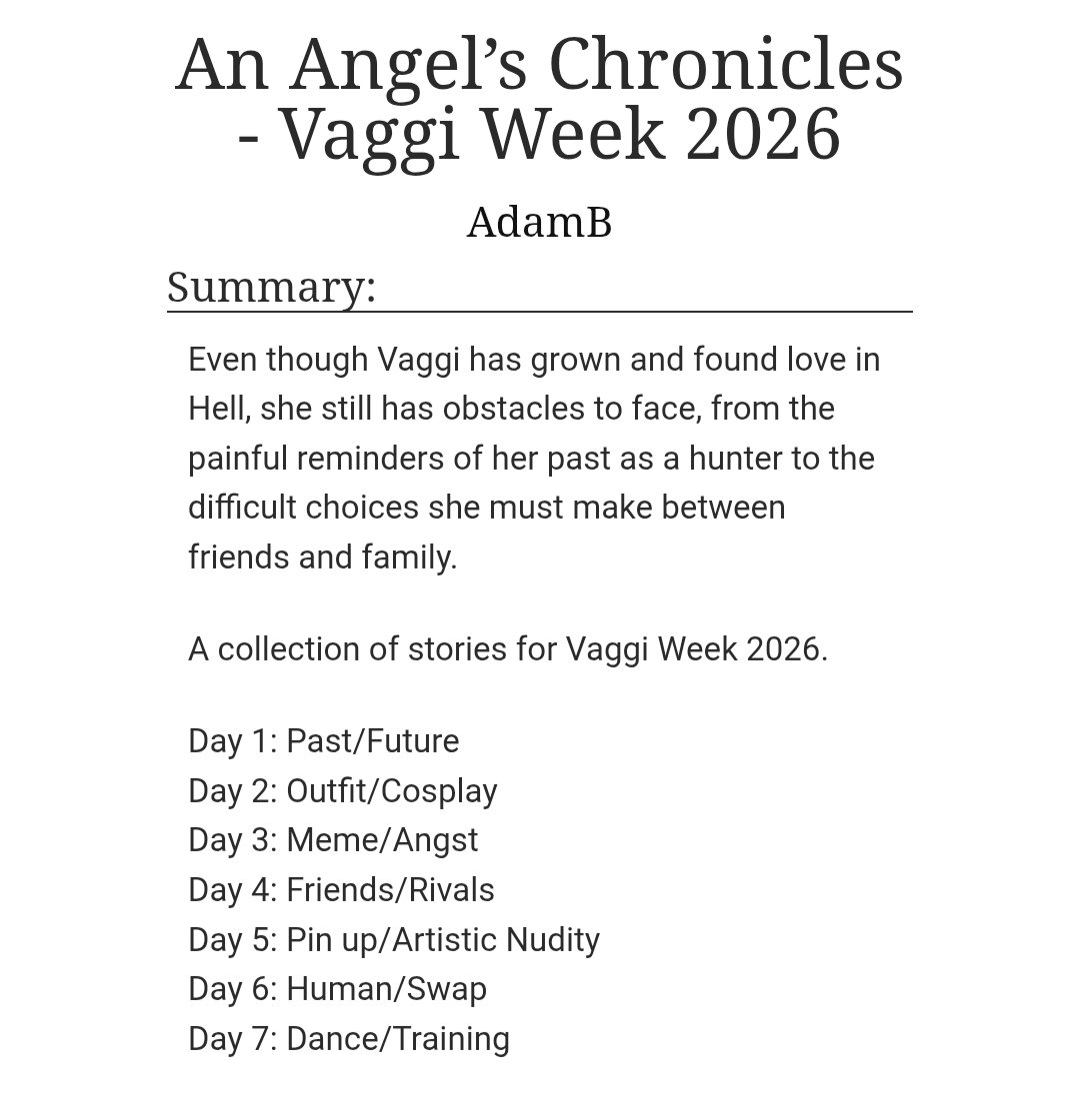 BottenAdam's tweet photo. Hi #chaggie nation! So, my fics for #VaggiWeek2026 are done and this is a big project where I really want to honor Vaggi. And therefore I wonder, if anyone would like to collab with a piece of art for any of the days, please let me know!

It is okay that I add art in post.
#Vaggi https://t.co/I5jFtTkIeY