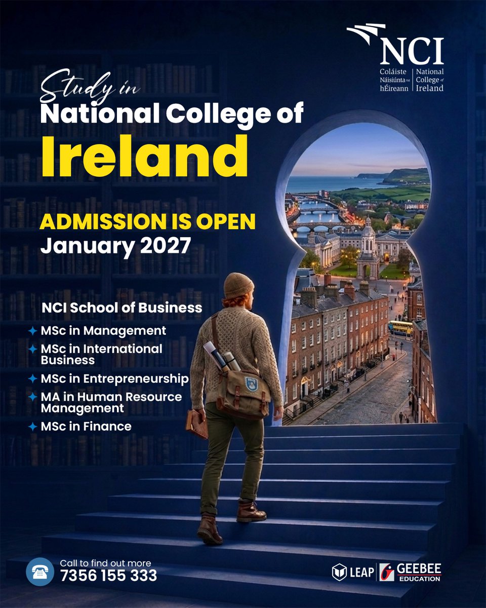 mandgworld's tweet photo. 🎓 Applications for the January 2027 Intake at National College of Ireland (NCI) are now open! 🇮🇪
Study Business, Finance, HR, Entrepreneurship &amp; more with expert guidance from GeeBee Education.
📞 +91 7356 155 333
#StudyInIreland #NCI #GeeBeeEducation #StudyAbroad #January2027 https://t.co/GUClN5TASI