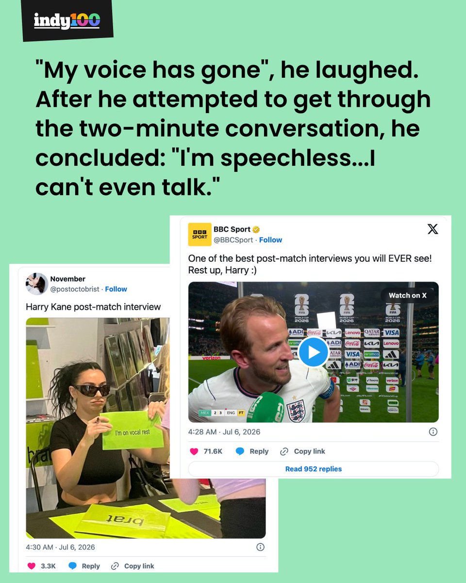 indy100's tweet photo. ‘Swapped oxygen for helium’ ⚽
By the time it came to chatting with the BBC after post-match celebrations captain Harry Kane's voice was completely and utterly gone from singing.
#BBCSports #HarryKane #WorldCup2026 #WorldCup #Football
https://t.co/DDF7LRxr0H https://t.co/mLmVCqYJQQ