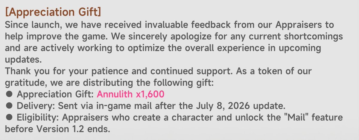 NTE_Ani_Info's tweet photo. ALL GLOBAL Players will be receiving 1600 Annuliths as well!

After the Update on 8th July check your mail to receive a total of 2200 Annuliths!

#NTE https://t.co/chAozs1hI0