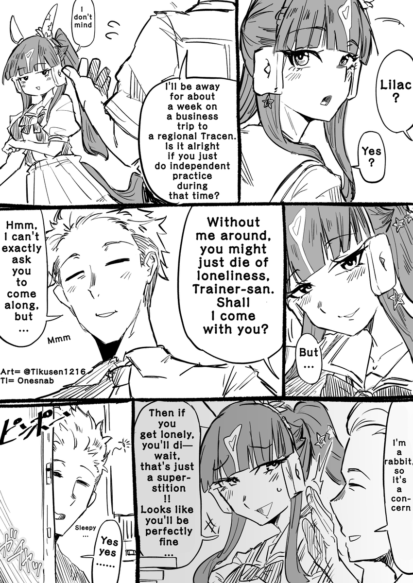 01s_nab23's tweet photo. Art by = @Tikusen1216 
TL:EN
"The Uma Musume who couldn't hold back and ended up going to see her Trainer when he went far away on a business trip.
Lucky Lilac"
#ウマ娘 #Umamusume #ウマ娘英訳 #UmaTranslations https://t.co/SHAnC0WXFb