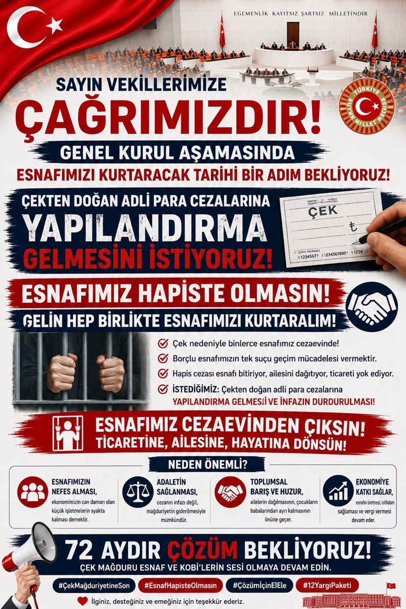 ErguelY's tweet photo. @abdulhamitgul Çek yasası nedeniyle kilitlenen ticari çarkları açmanın yolu, 12. Yargı Paketi’ne eklenecek yapıcı bir ödeme planı maddesidir.
#ÇekÖnergeyleEklensin #ÇekBorçlarınaYapılandırma

@abdulhamitgul https://t.co/bQ7OAqovzY