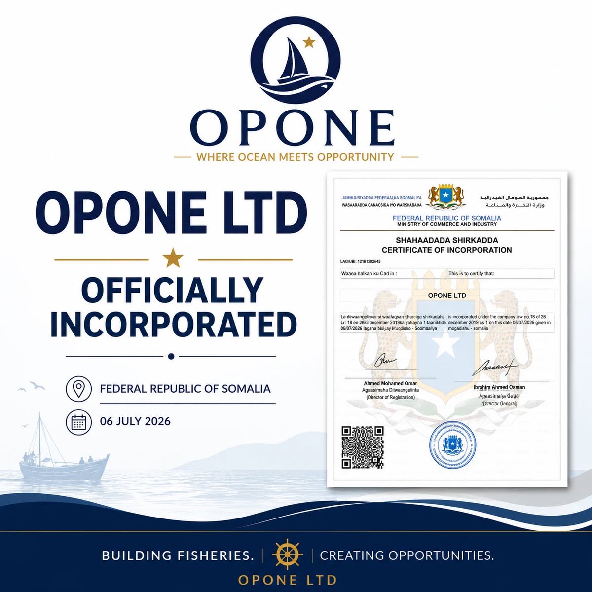 opone_official's tweet photo. 🌊 Proud to announce that OPONE is officially registered as OPONE LTD in Somalia! 

Inspired by the ancient Port of Opone, we are dedicated to transforming fisheries value chains and driving the Blue Economy. 
The journey begins. ⚓️

#OPONE #Fisheries 
#BlueEconomy #Somalia https://t.co/Cu0qgqMFtQ