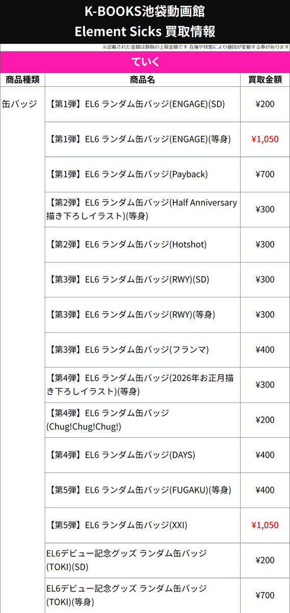 買取情報】 💎Element Sicks💎 🩷 ていく さん 💮 缶バッジ 各種 第5弾