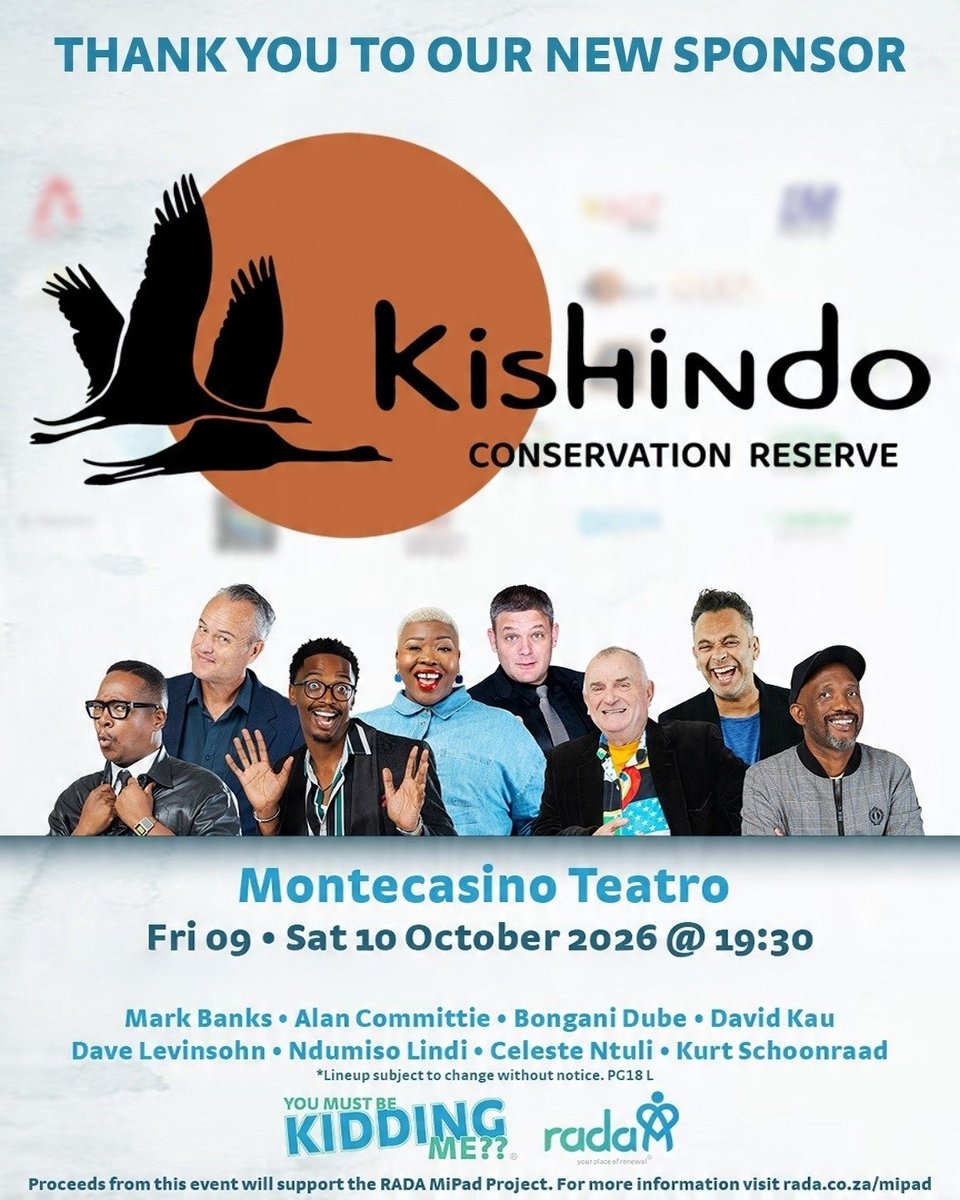 RADAhealing's tweet photo. 💙 Sponsor Spotlight 💙

Thank you Kishindo Conservation Reserve for supporting the RADA MiPad Project which empowers young girls by providing them with reusable sanitary pads. 

RADA is looking forward to welcoming you and your special guests to the 2026 comedy fundraiser in October at the Teatro - Montecasino. 

We are extremely grateful to you for supporting our project and creating positive change in young lives. 💙

To get involved in this exciting event in support of an impactful empowerment project, contact: info@rada.co.za

#Comedy #RADA #sponsors #MiPads