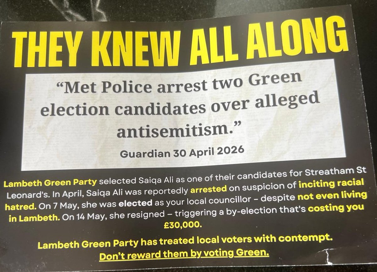LambethLook's tweet photo. #Streatham's Rezina Chowdhury promoting leaflets declaring greens are "treating voters with contempt".  Quite extraordinary hypocrisy given she &amp; cllrs *actually* did that for their entire reign👑. Which is why she &amp; Labour were so royally dumped in what was a safe seat. Go away. https://t.co/rSOnmHzdUf