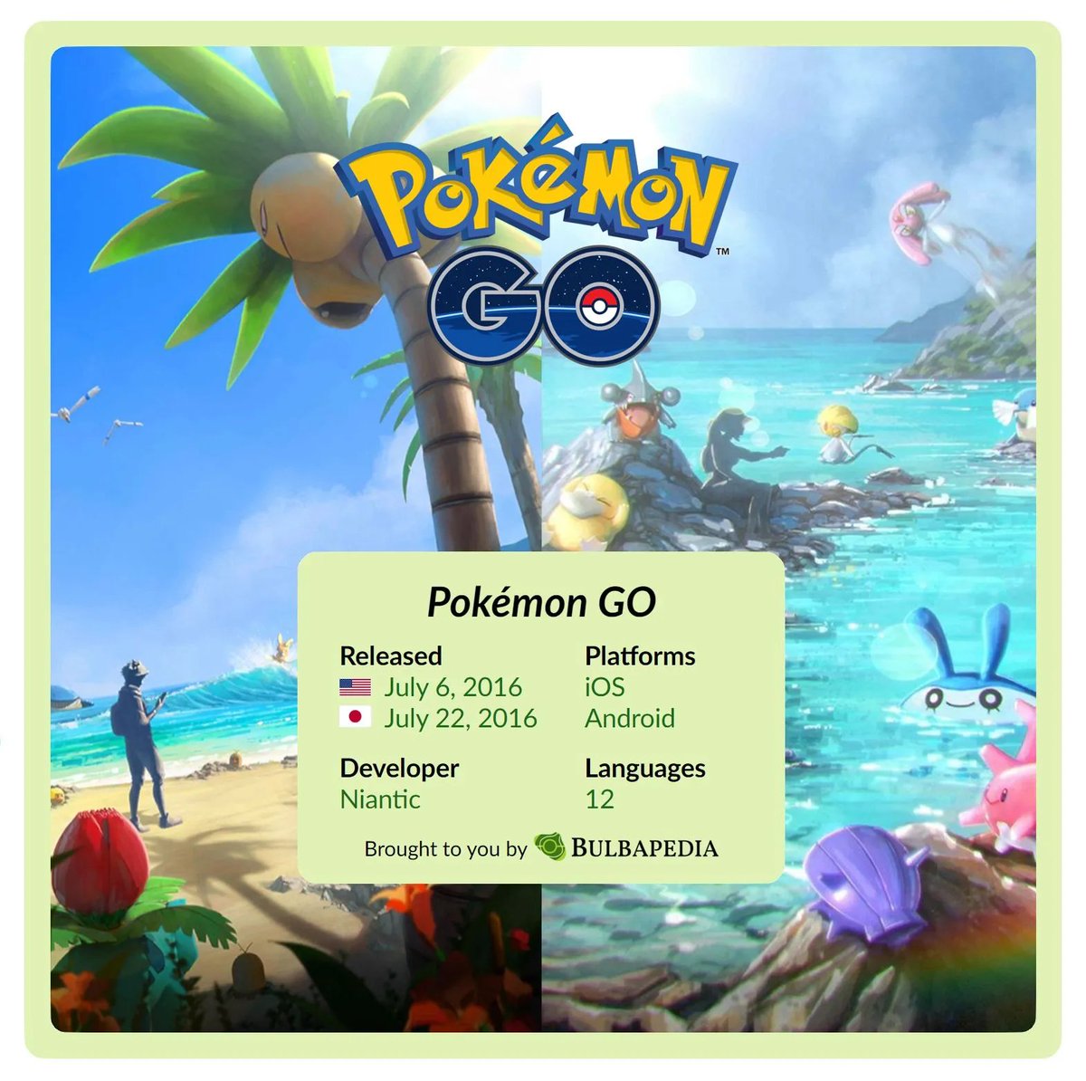 Bulbapedia's tweet photo. Today is the tenth anniversary of Pokémon GO, officially released for iOS and Android in North America and Australia on July 6, 2016!

Debuting with species discovered in Kanto, this augmented reality game now features almost 1,000 Pokémon. https://t.co/di78sMox6C