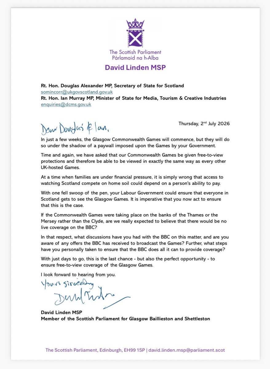 DavidLinden's tweet photo. ✍️ The 2026 Commonwealth Games in Glasgow should be free to air. I’ve written to British Government Ministers calling on them to lift the paywall. 

https://t.co/4aLPHqdqyC https://t.co/sFrCt3wYNr