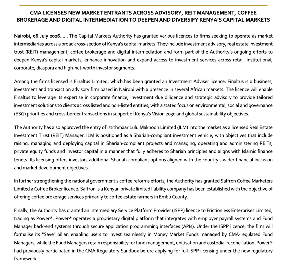 MwangoCapital's tweet photo. The CMA has licensed/approved 3 Fund Managers, 2 new umbrella unit trusts with 19 sub-funds, 7 additional sub-funds under existing schemes, and 4 new intermediaries across investment advisory:

—Fund Managers: ADAR Asset Management, Entrust Advisory and Everstrong Asset Management

—2 New Umbrella Unit Trusts: Cinemark Unit Trust Fund with 7 sub-funds across KES/USD money market, fixed income and multi-asset strategies; and Karsis Unit Trust Scheme with 12 sub-funds across KES, USD, Euro and Sterling products.

—7 Additional Sub-Funds: Absa Global Multi-Asset Special Funds (USD/KES), Dry Associates Euro and Sterling Special Fixed Income Funds, Madison USD Fixed Income Special Fund, and Tradium Fixed Income Funds (KES/USD).

—4 New Market Intermediaries: Finaltus licensed as an Investment Adviser, Istithmaar Lulu Maknoon as a Shariah-compliant REIT Manager, Saffron Coffee Marketers as a Coffee Broker, and Power® as an ISPP enabling digital access to CMA-regulated Money Market Funds.