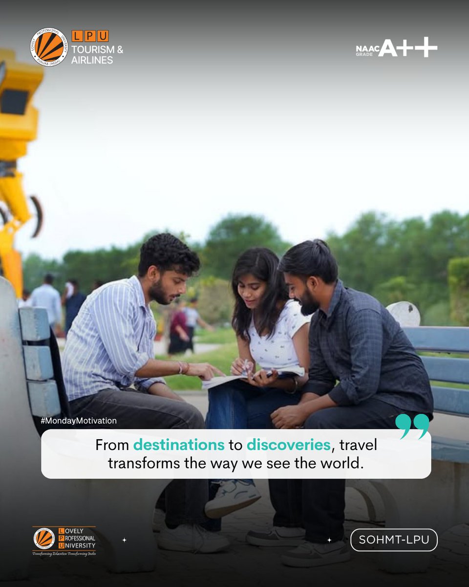 LPUTourism's tweet photo. Every journey begins with a single discovery. ✈️🌍

At LPU School of Hotel Management & Tourism, learning goes beyond classrooms. Every destination becomes a lesson, every experience builds confidence, and every opportunity prepares you for a global career in Tourism, Hospitality, Airlines & Event Management.

This Monday, invest in knowledge that takes you places. Your future starts at LPU. 💙

📍Lovely Professional University, Punjab

✨ Admissions Open | Build Skills. Explore the World. Lead the Industry.
#MondayMotivation #LPU #LovelyProfessionalUniversity #LPUTourism #HospitalityManagement #TourismManagement #AirlineManagement #EventManagement