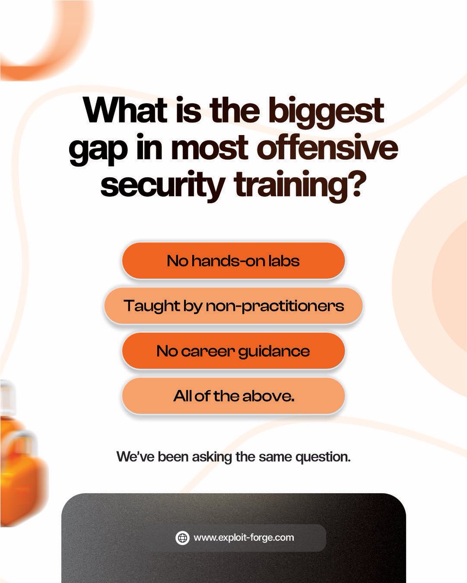 ExploitforgeLTD's tweet photo. Most security courses teach you how to pass a test not how to do the actual work. The gap between certification and real-world skill is massive. And nobody is talking about it.
We would like to. Watch this space.
#cybersecurity #ExploitForge https://t.co/C9oMhd24JK