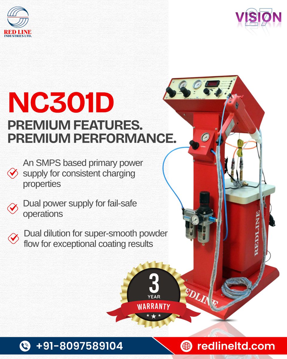 PowderCoatingRL's tweet photo. Premium performance starts with the NC301D. SMPS-based charging, dual power supply, smooth powder flow &amp; a 3-Year Warranty.

📞 +91-8097589104
🌐 https://t.co/qxf3KumLeK
#PowderCoating #NC301D #IndustrialEquipment #Manufacturing #RedLineIndustries #MadeInIndia https://t.co/rsQoaPth5T