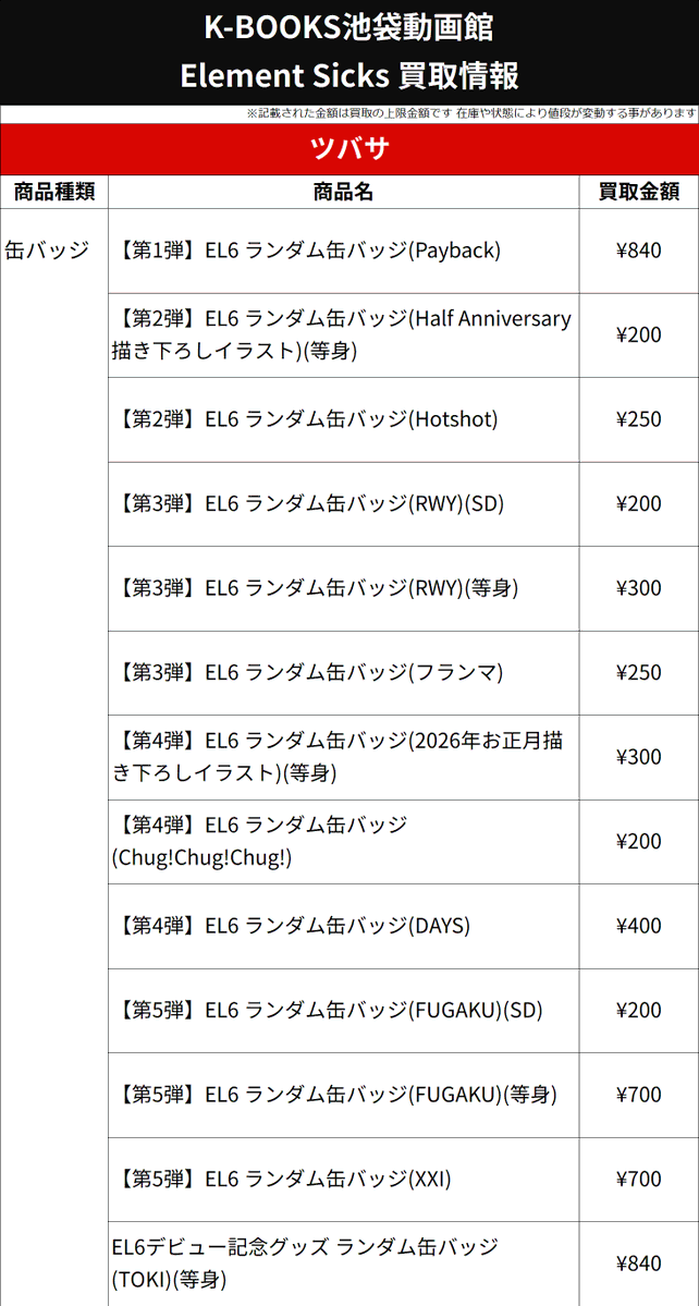 買取情報】 💎Element Sicks💎 ❤️ ツバサ さん ❌👅❌ 缶バッジ 各種