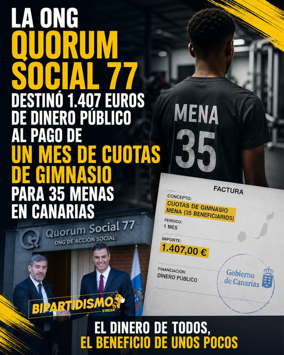 Bipartidismo_'s tweet photo. 🔴 La ONG Quorum Social 77 destinó 1.407 euros de dinero público al pago de un mes de cuotas de gimnasio para 35 menas en Canarias.

https://t.co/pCaJmF9MZn https://t.co/nqY0m5t6fk